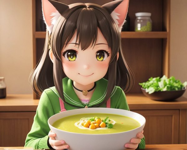 Cheerful Character with Soup in Cozy Kitchen Setting