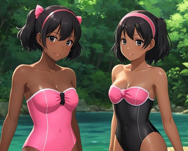 Animated Girls by Serene Pool in Lush Greenery