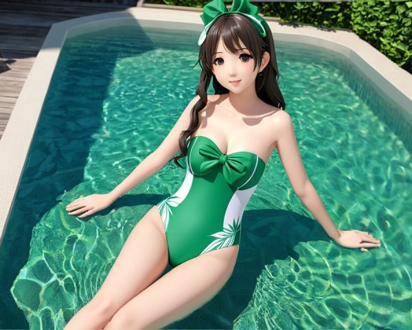 Woman in green swimsuit by modern swimming pool
