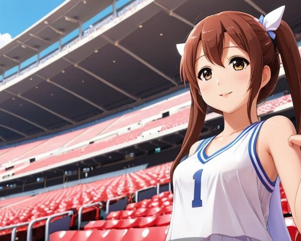 Cheerful Female Character in Vibrant Stadium Setting