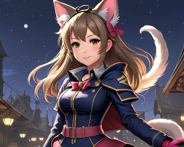 Fantastical character in charming village at night