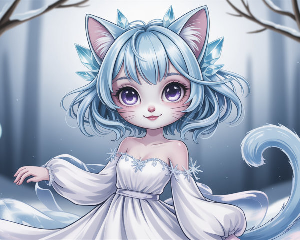 Ice Cat Girl in Snowy Forest with Glowing Orbs
