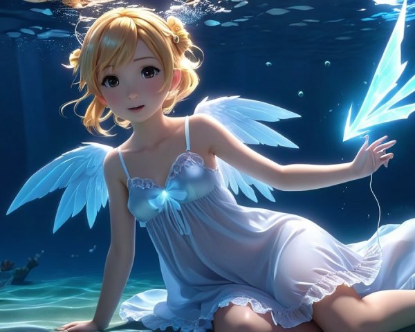 Young girl with wings in a vibrant underwater scene