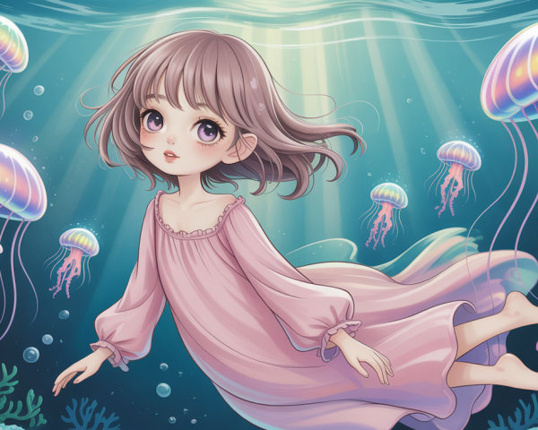 Anime girl in pink dress surrounded by jellyfish