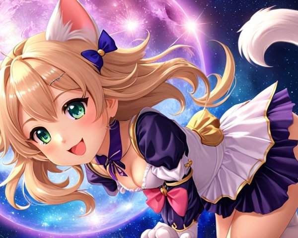 Cheerful Animated Character in Cosmic Maid Outfit
