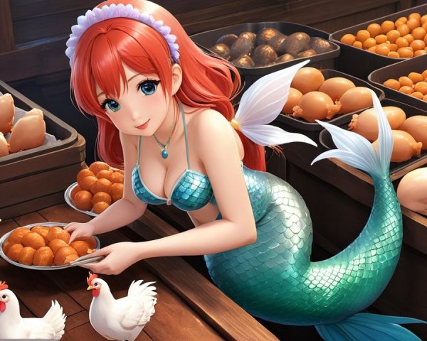 Mermaid with Red Hair and Teal Tail Serving Treats