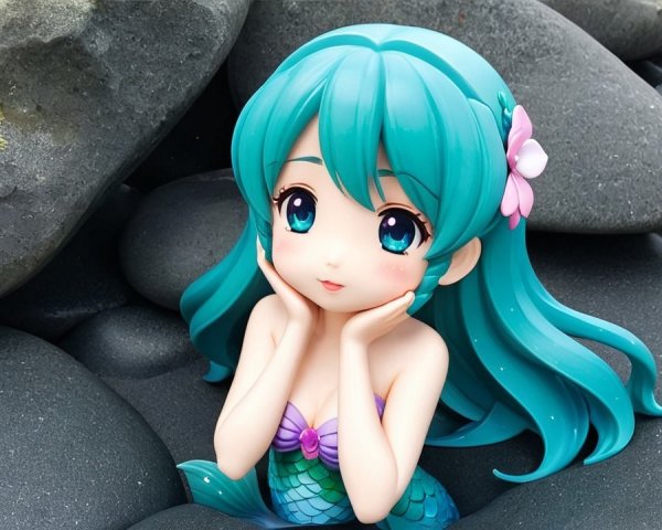 Mermaid Figurine Surrounded by Black Stones and Flowers