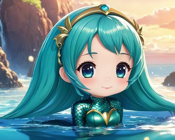 Chibi Character with Teal Hair and Mermaid Outfit