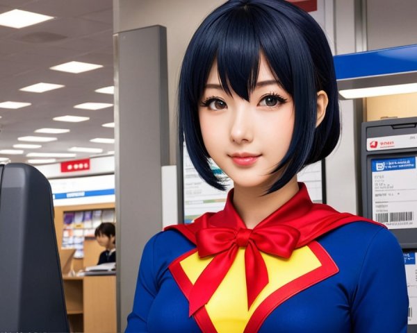 Young Woman in Superhero Costume in Office Setting