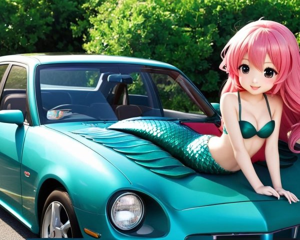 Teal Sports Car with Mermaid Figure on Hood