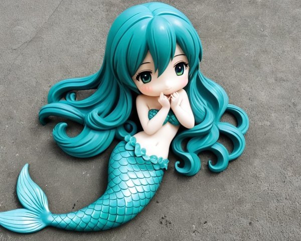 Stylized mermaid figure with teal hair and turquoise tail