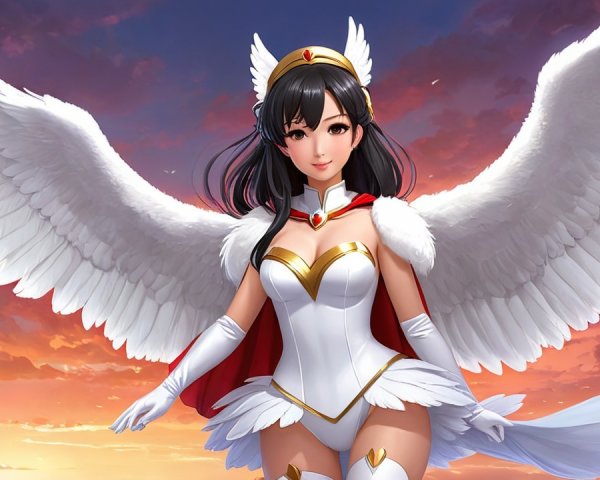 Majestic character with white wings in sunset backdrop