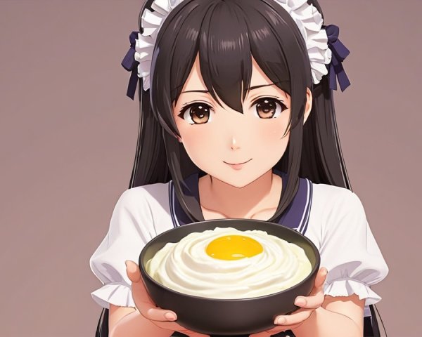 Cheerful Young Woman in Maid Outfit with Rice Bowl
