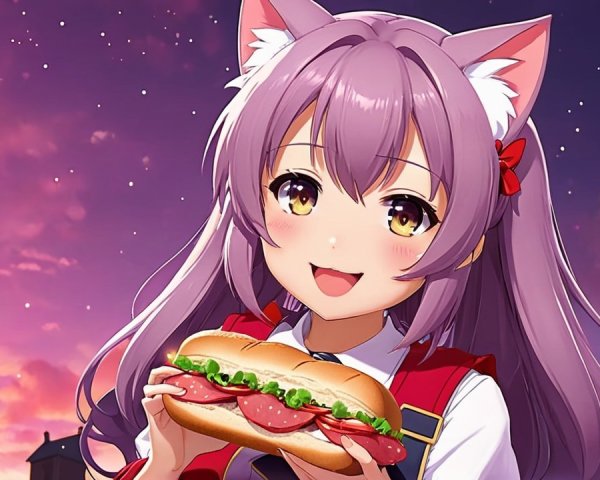 Cheerful anime girl with sandwich and twilight backdrop