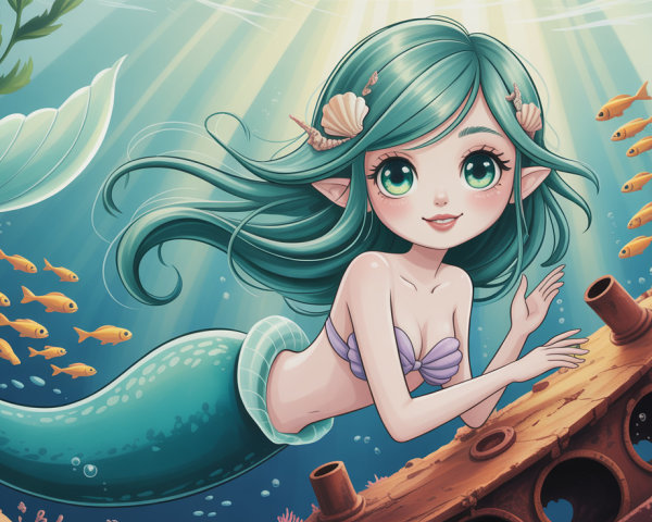 Vibrant Anime-Style Mermaid in Underwater Scene