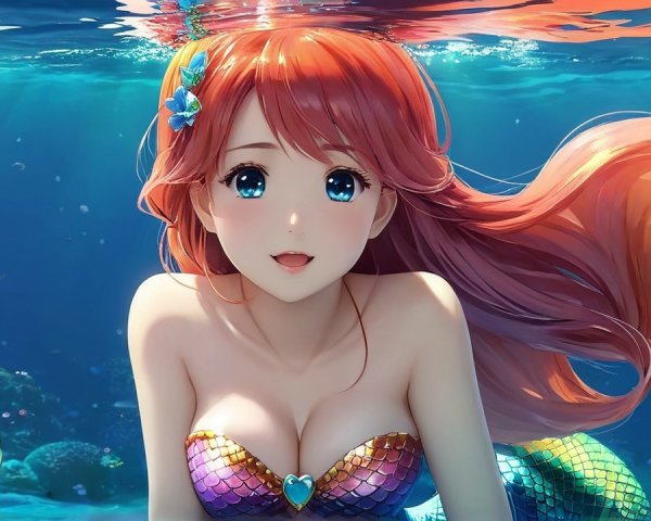 Vibrant Underwater Scene with Young Mermaid and Coral