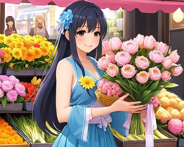 Young woman in blue dress at vibrant flower market