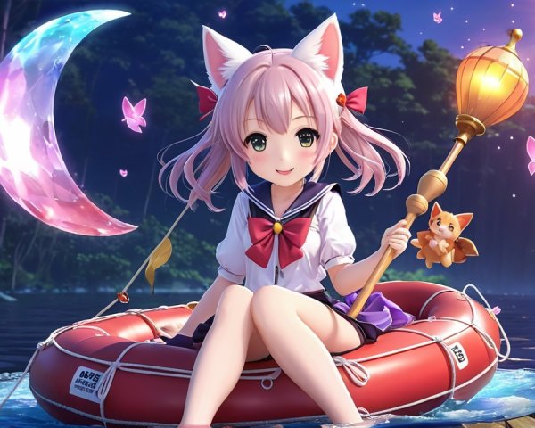 Anime girl with cat ears in lifebuoy at night lake