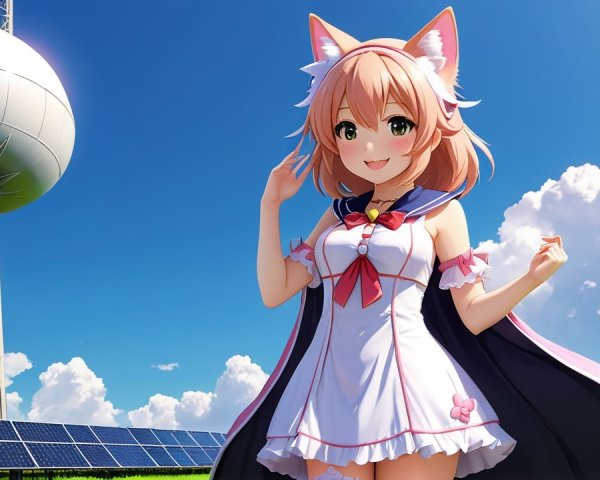 Cheerful anime character with cat features in sunny scene