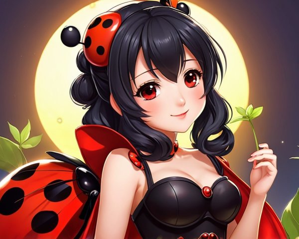 Whimsical Ladybug-Inspired Character Under Full Moon