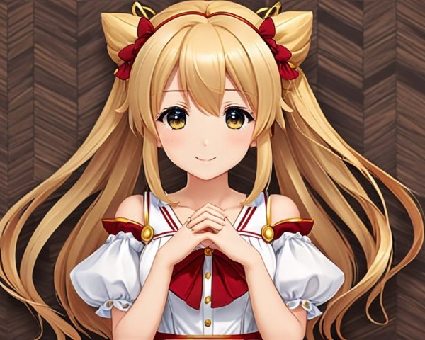 Cheerful anime character with golden twin tails and red accents