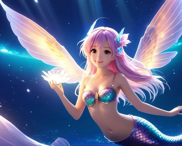 Whimsical Underwater Scene with Mermaid and Lotus Flower