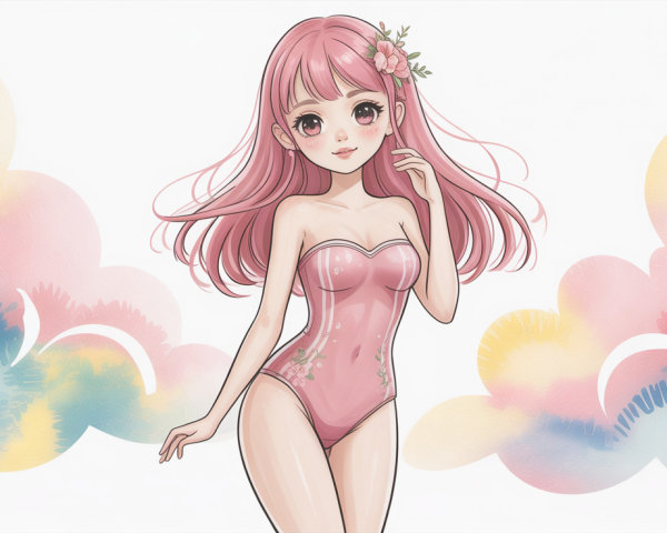 Anime Illustration of a Cute Girl in Pink Swimsuit