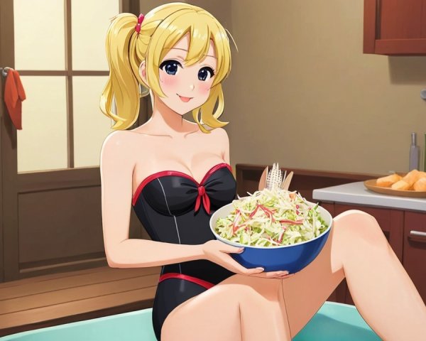 Animated Character in Cozy Kitchen with Salad