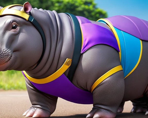 Cartoon Hippo in Vibrant Outfit on Sunny Path
