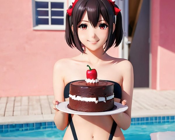 Cheerful character with cake by a poolside setting
