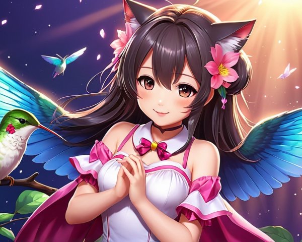 Magical Scene of Girl with Cat Ears and Wings