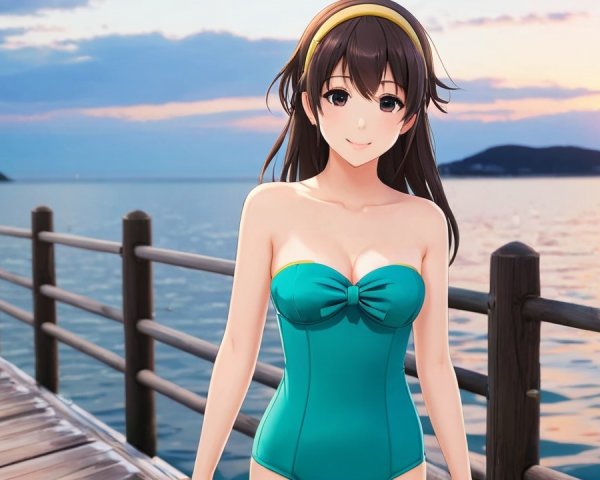 Young Woman in Turquoise Swimsuit at Sunset Pier