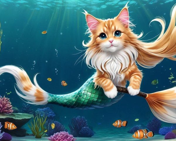Whimsical Underwater Scene with Cat and Coral Reef