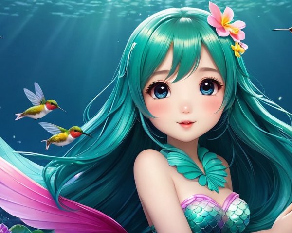Whimsical Underwater Scene with Mermaid and Hummingbirds