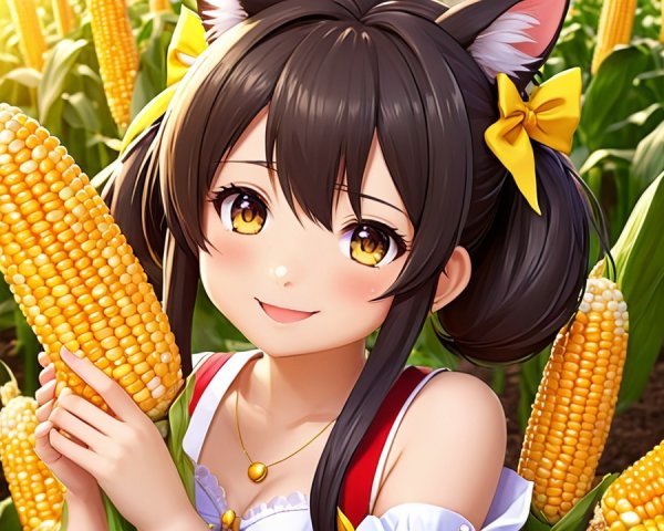 Girl with Cat Ears in a Cornfield Holding Corn