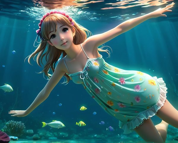 Underwater Scene of a Woman with Coral and Fish