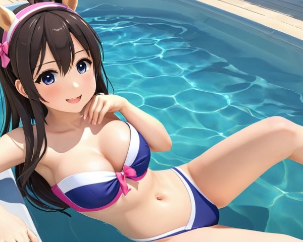 Cheerful girl in bikini poses by swimming pool