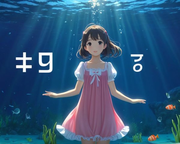 Young girl in pink dress underwater with aquatic life