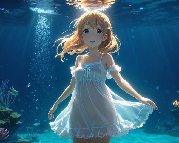 Young girl in white dress underwater with colorful fish