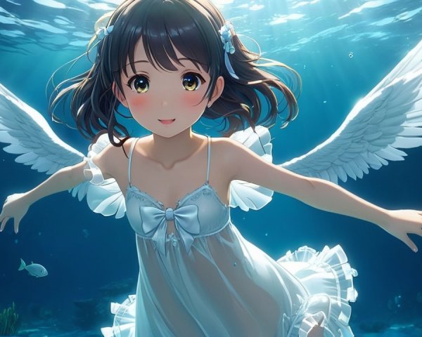 Young girl with angel wings swimming underwater