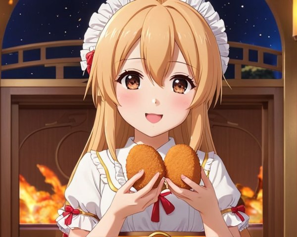 Cheerful Anime Girl in Maid Outfit with Croquettes