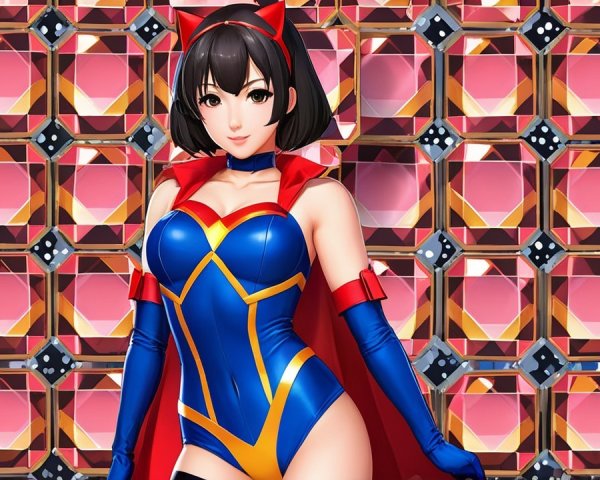 Stylized Character in Vibrant Outfit Against Geometric Background