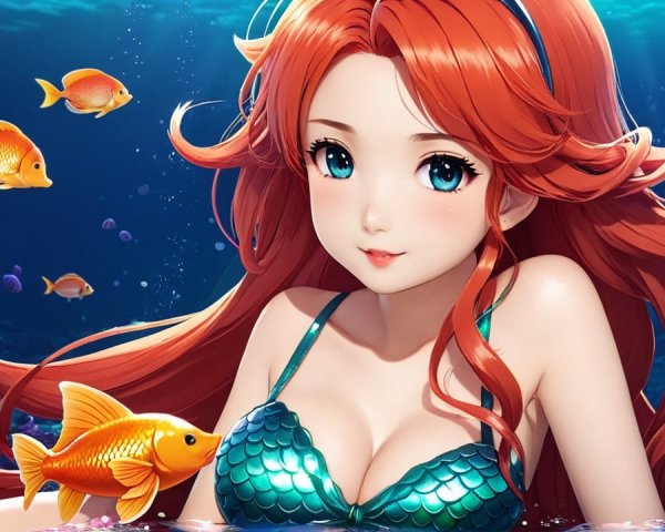 Underwater Scene with Young Woman and Colorful Fish