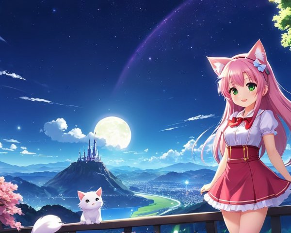 Whimsical Girl with Pink Hair on Balcony at Night