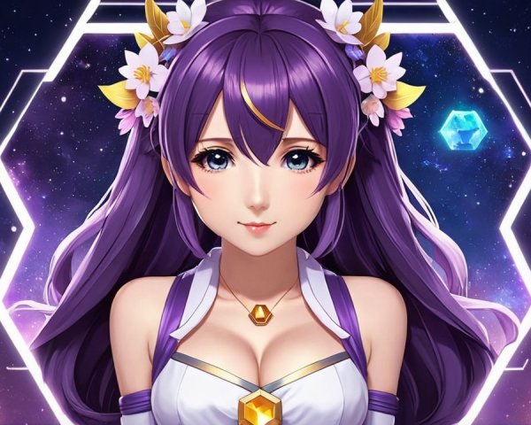 Anime Character with Purple Hair and Cosmic Background