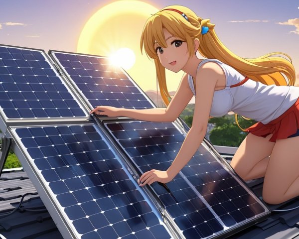 Cheerful Character Adjusts Solar Panels at Sunset