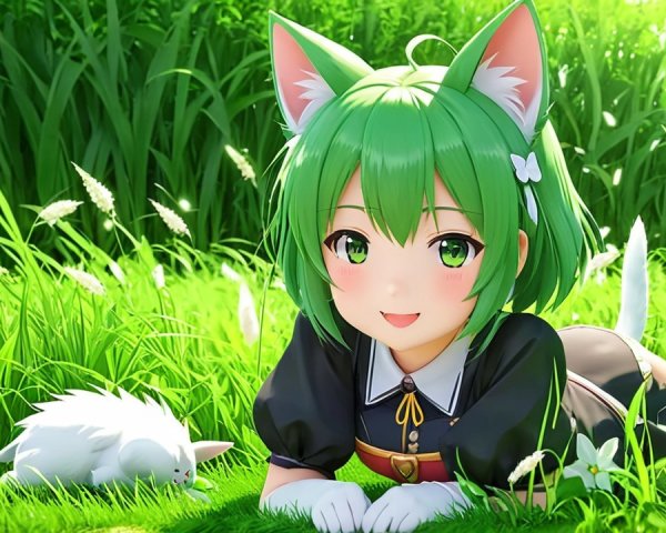 Cheerful anime character with green hair in meadow