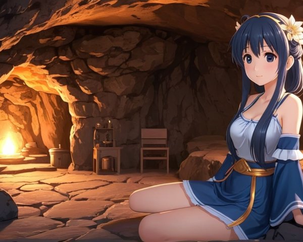 Serene Cave Interior with Warm Fire and Young Woman