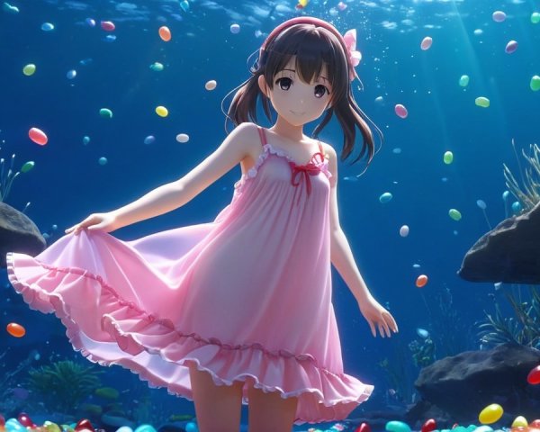 Cheerful Anime Girl in Colorful Underwater Scene