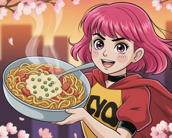 Anime Illustration of Girl with Noodles and Cherry Blossoms